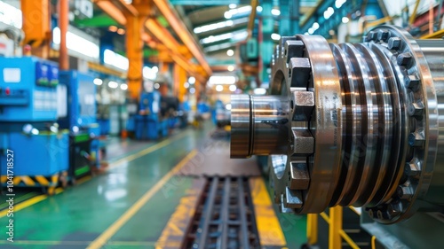 A close-up view of industrial machinery in a factory, highlighting metallic components and an organized workspace.