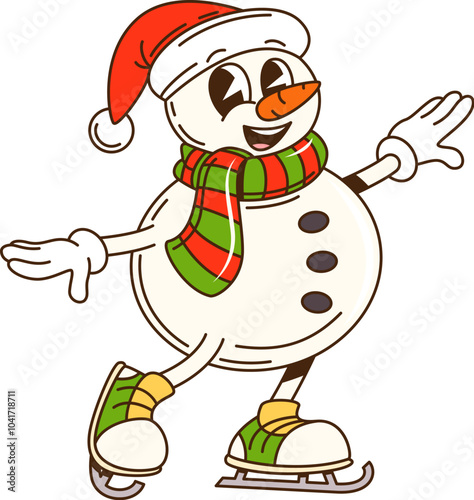 Cartoon groovy Christmas snowman character with Santa hat and scarf, cheerfully skating on the ice rink. Isolated vector retro snowman personage smiling, embodying joyful spirit of the winter holiday
