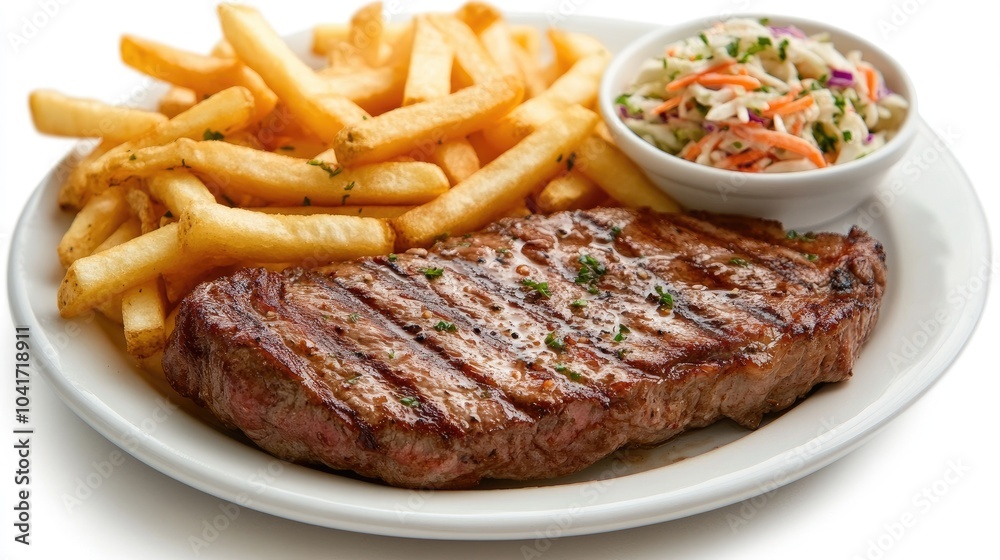 Grilled Steak with Fries and Coleslaw on Plate Grilled Steak with Fries and Coleslaw on Plate