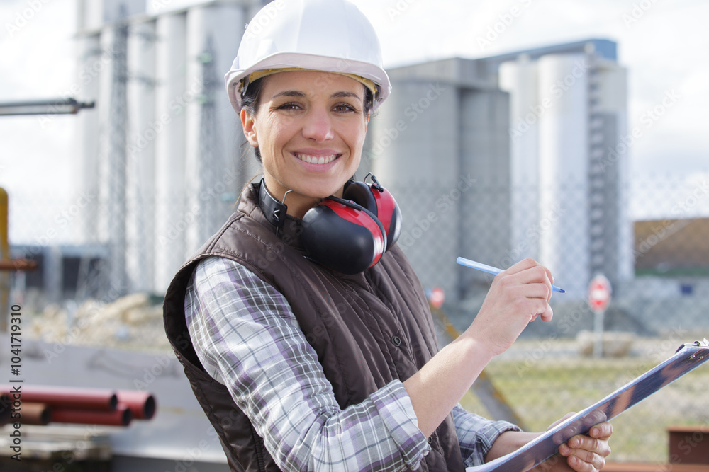 woman engineer in the oilfield holding clipboard woman engineer in the oilfield holding clipboard