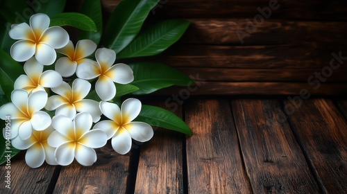 White Frangipani Flowers on Wooden Background