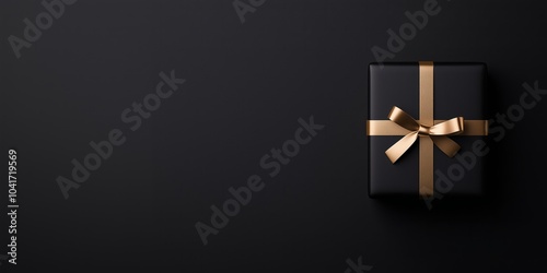 Top view minimalistic luxury black gift box with golden bow. Monochrome wide banner with wrapped present on solid background with copy space. Perfect for black friday sale or world shopping day promo.