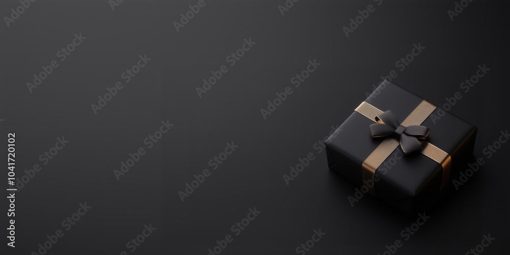 Monochrome luxury black gift box with golden bow. Minimalistic wide banner with wrapped present on solid background with copy space. Perfect for black friday sale or world shopping day promo. Monochrome luxury black gift box with golden bow. Minimalistic wide banner with wrapped present on solid background with copy space. Perfect for black friday sale or world shopping day promo.