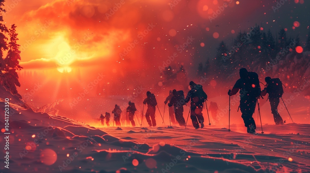 Fototapeta premium A group of athletes is engaged in a biathlon training session, trekking through deep snow as the sun sets, illuminating the landscape