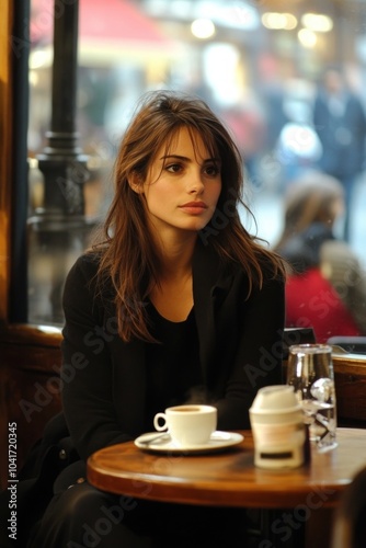 Woman sitting in a café with coffee, looking pensive