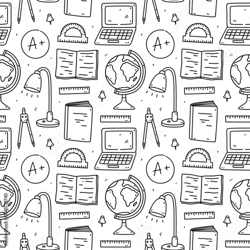 Seamless pattern with school items - notebooks, textbooks, laptop, globe, lamps, drawing compass, pins. Vector hand-drawn doodle illustration. Perfect for print, wallpaper, decorations.