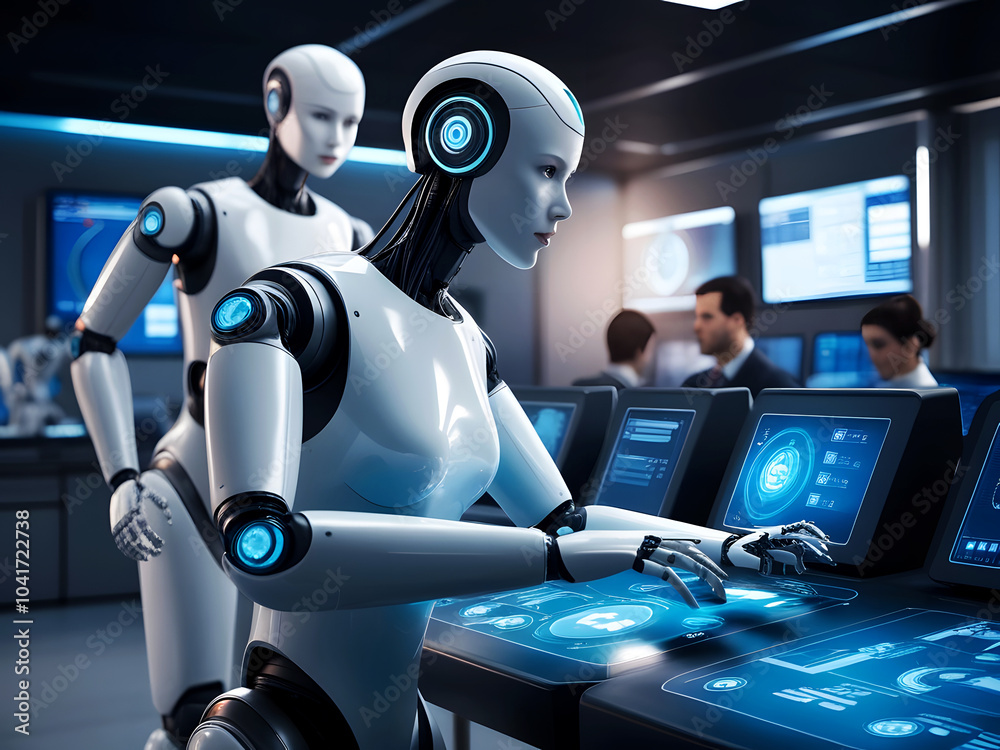 Humanoid robots assist humans in daily tasks with futuristic technology Humanoid robots assist humans in daily tasks with futuristic technology
