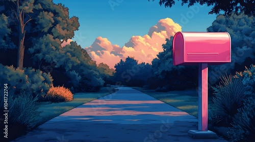 Serene Driveway with Pink Mailbox at Twilight Sunset in Stylized Anime Landscape
