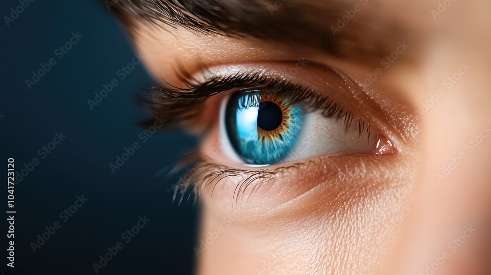 A close-up of an eye showcasing vibrant blue irises and detailed eyelashes against a dark background, highlighting its captivating beauty and depth. A close-up of an eye showcasing vibrant blue irises and detailed eyelashes against a dark background, highlighting its captivating beauty and depth.