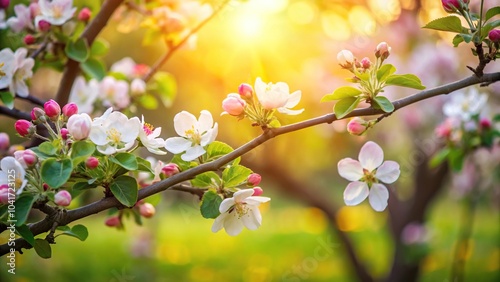 Blooming apple tree branch in spring garden