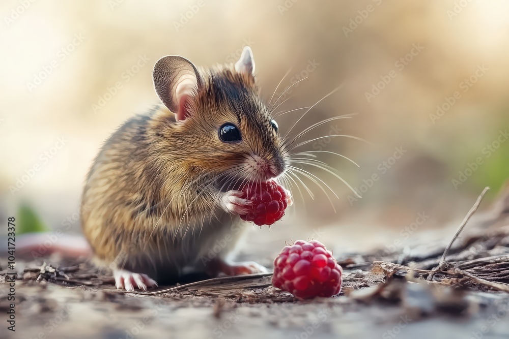 Mouse Eating. Wild Rodent enjoying Blackberries in Natural Wood Setting Mouse Eating. Wild Rodent enjoying Blackberries in Natural Wood Setting