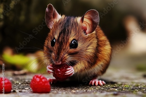 Mouse Eating: A Wild Rodent Enjoying a Blackberry Snack in the Woodlands photo