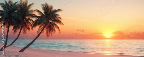 A serene beach scene at sunset, featuring palm trees silhouetted against colorful skies and tranquil ocean waves.