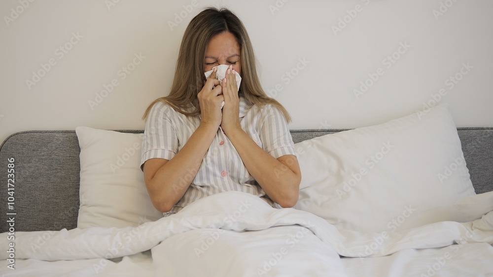 A sick woman with cold coughs into tissue, showing her struggle with disease. A close-up of disease affecting her as she coughs repeatedly into tissue. The frame clearly depicts illness and discomfort A sick woman with cold coughs into tissue, showing her struggle with disease. A close-up of disease affecting her as she coughs repeatedly into tissue. The frame clearly depicts illness and discomfort