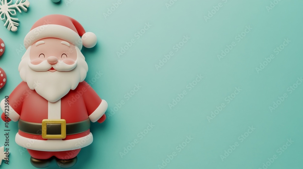 A cartoonish red santa standing on a blue background with snowflakes A cartoonish red santa standing on a blue background with snowflakes