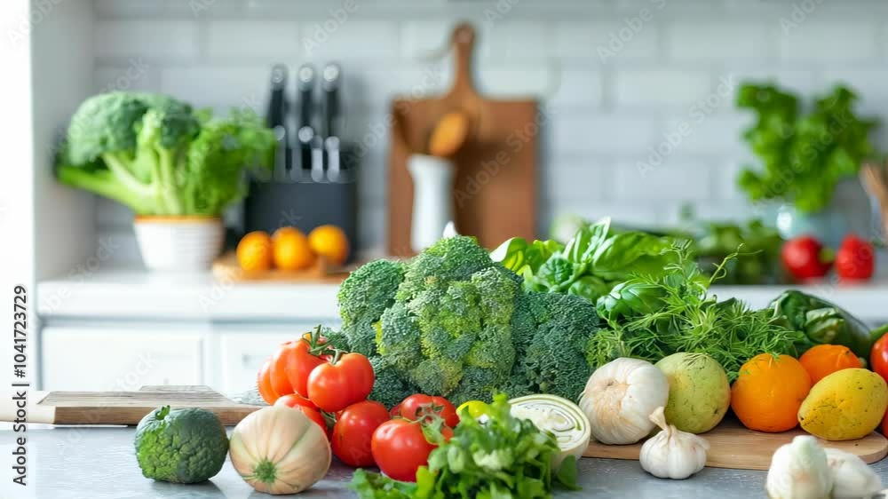 A colorful arrangement of fresh vegetables on a modern kitchen countertop, featuring broccoli, tomatoes, bell peppers, and garlic, inspires health and wellness in culinary themes. A colorful arrangement of fresh vegetables on a modern kitchen countertop, featuring broccoli, tomatoes, bell peppers, and garlic, inspires health and wellness in culinary themes.