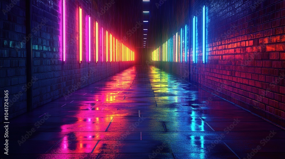 Vibrant Neon Lighted Corridor with Reflective Floor Vibrant Neon Lighted Corridor with Reflective Floor