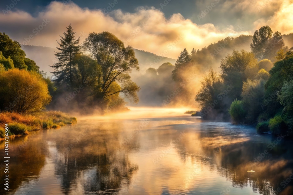 Silent Majesty of the River Shrouded in Shimmering Mist at Dawn with Lush Greenery Surrounding It Silent Majesty of the River Shrouded in Shimmering Mist at Dawn with Lush Greenery Surrounding It