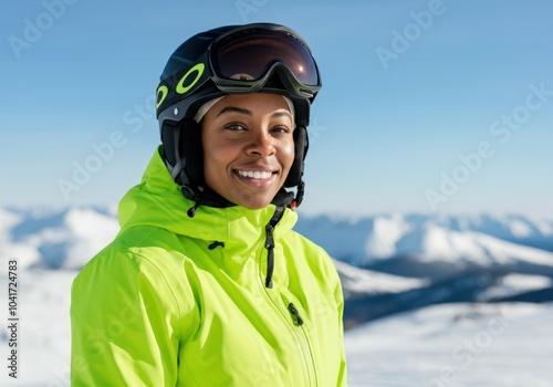 Young woman is smiling while wearing a ski helmet and goggles with snowy mountains in the background