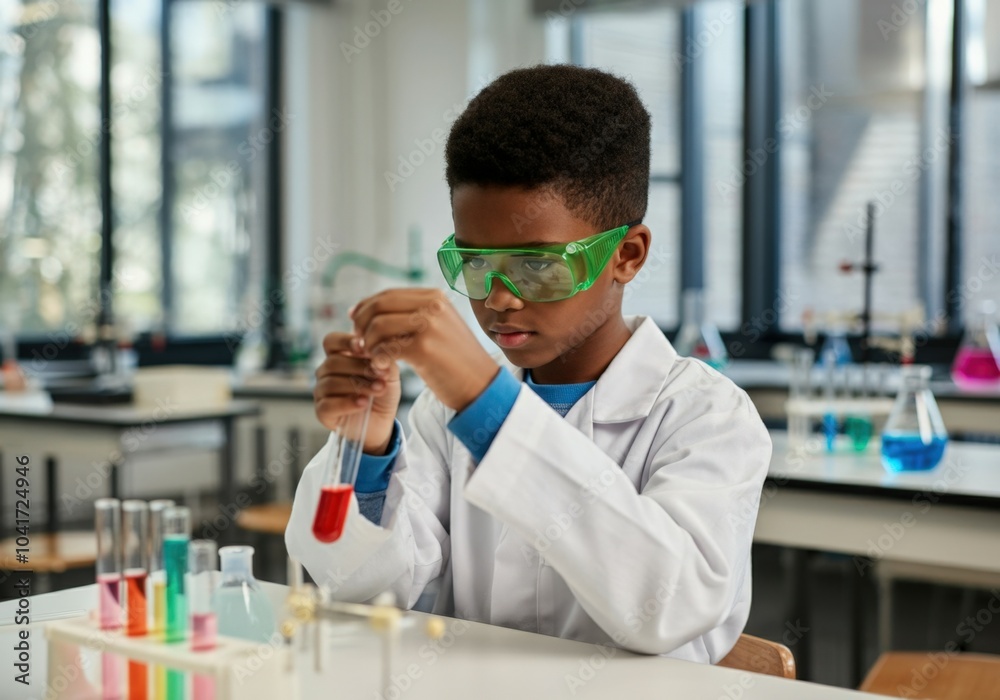 Young chemist is carefully examining a test tube filled with red liquid in a laboratory setting Young chemist is carefully examining a test tube filled with red liquid in a laboratory setting