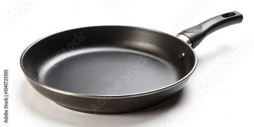 Black frying pan with non stick teflon coating isolated on white background