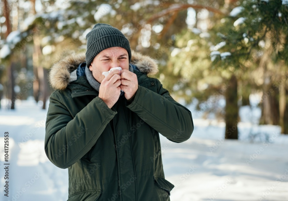 Man dressed in warm winter clothes is blowing his nose with a tissue while standing in a snowy forest Man dressed in warm winter clothes is blowing his nose with a tissue while standing in a snowy forest