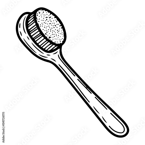 Dry brush for massage hand drawn doodle. Beauty tool. Skin cleansing. Self-care. Cosmetic procedures. Improving blood circulation. Body health. Vector engraving line art illustration.