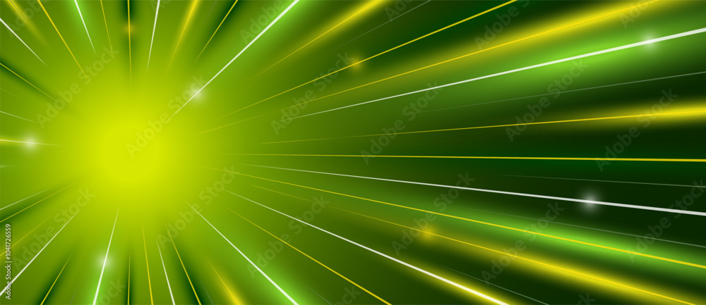 Abstract glowing green energy dynamic light rays. Nuclear electron fusion radiation high speed stripes concept. Anime comic strip radial motion luminous linear trails. Superhero action effect banner