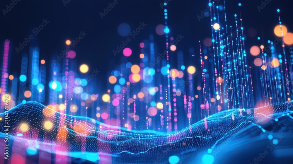 Obraz premium Digital Eon: Abstract Glowing Dots and Lines in a Data Flow Landscape