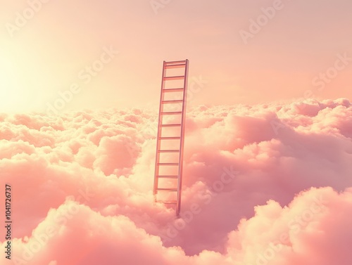 Peach Sky. Surreal Concept of Aluminium Ladder Ascending Through Clouds in Heavenly Background