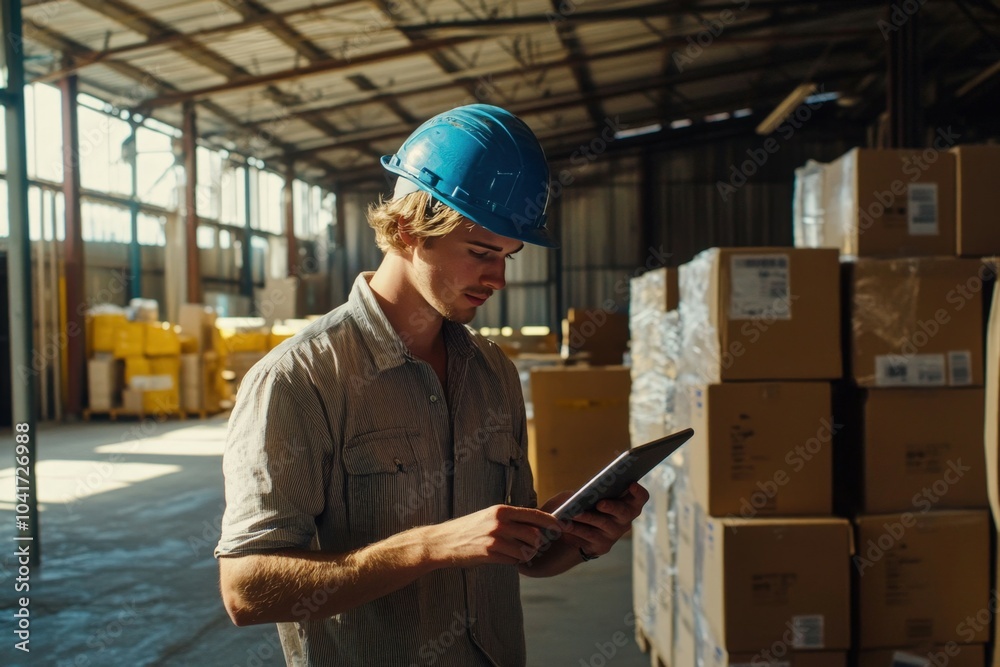 Warehouse worker wearing a hard hat is using a digital tablet to check inventory Warehouse worker wearing a hard hat is using a digital tablet to check inventory