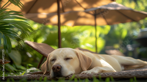 A Dog Lying Peacefully Under a Couple of Brown Umbrellas in a Serene Backyard Filled with Greenery and Warmth