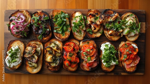 Vibrant Bruschetta Variety on Wooden Platter