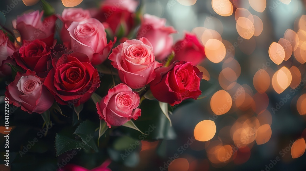 Romantic Bouquet of Red and Pink Roses with Bokeh Lights Romantic Bouquet of Red and Pink Roses with Bokeh Lights