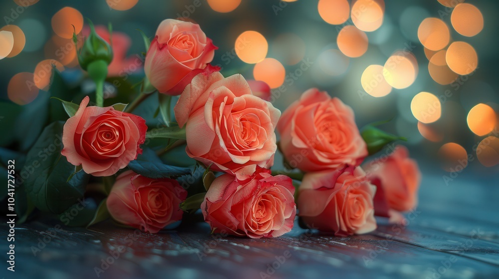 Beautiful Coral Roses with Soft Bokeh Background Beautiful Coral Roses with Soft Bokeh Background