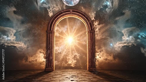 Majestic archway and into a realm of swirling galaxies and celestial wonders, where the mysteries of the universe unfold before your eyes.mp4