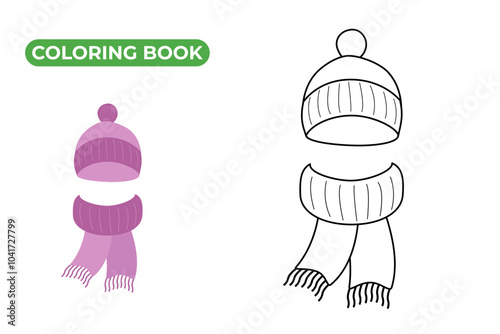 Hat and scarf coloring book for kids. Vector illustration of warm knitted clothes. Black and white contour drawing of headdress. Hand drawn sketch doodle style.