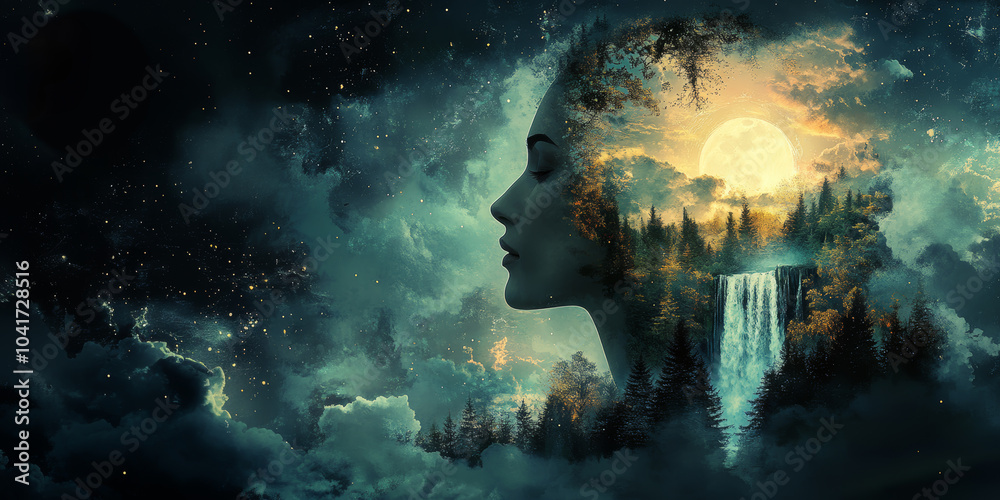 Obraz premium panoramic view of nature personified within a beautiful woman with copy space