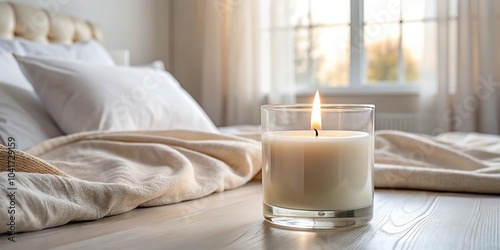 blank scented candle glass mock up on the bedroom background