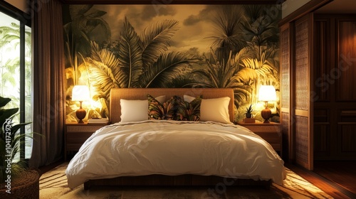 A cozy bedroom with a detailed mural of tropical plants, creating a modern yet exotic ambiance.