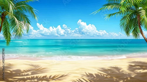 tropical beach background with palm trees casting shadows on sand near turquoise water with copy space