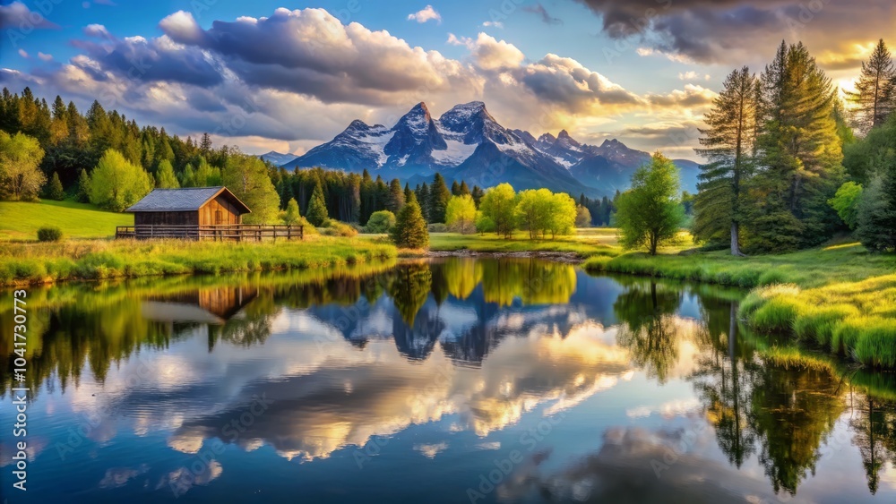 Fototapeta premium Unbridled Serenity: A Tranquil Landscape of Rolling Hills, Lush Greenery and Peaceful Skies