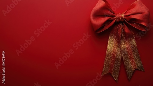 Red ribbon and bow with gold detailing isolated on a festive solid background, creating a luxurious holiday atmosphere, captured in 8K.