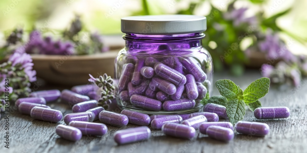 Purple Dietary Supplement Pills with Herbal Ingredients, Perfect for Health and Wellness, Supporting Immune System, Nutrition, and Holistic Health, Ideal for Those Seeking Natural Remedies