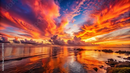 Vibrant Coral Sky at Sunset Radiates Warmth and Tranquility Over Serene Landscape and Water Reflections