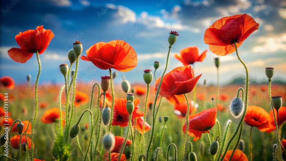 Fototapeta premium Vibrant Poppies Standing Tall and Proud with Slender Stems Gently Swaying in the Breezy Meadow