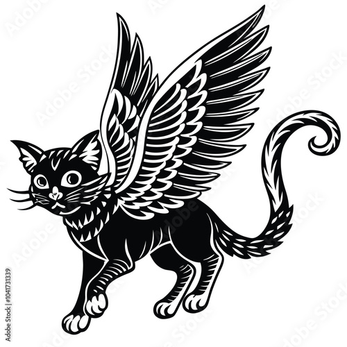 Here is the black and white illustration of a winged flying cat, designed with intricate details and a whimsical fantasy style. Let me know if you'd like any adjustments or further details!