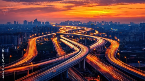 Cityscape at Dusk with Highway Overpass