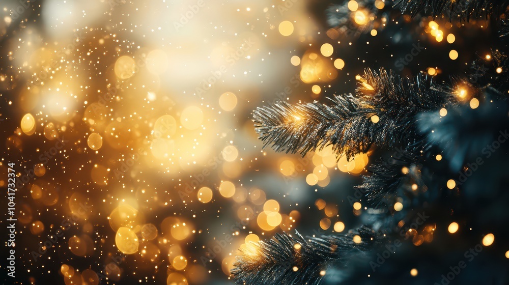 Fototapeta premium Christmas tree background featuring golden blurred lights, creating a warm and festive atmosphere, captured using a DSLR camera.