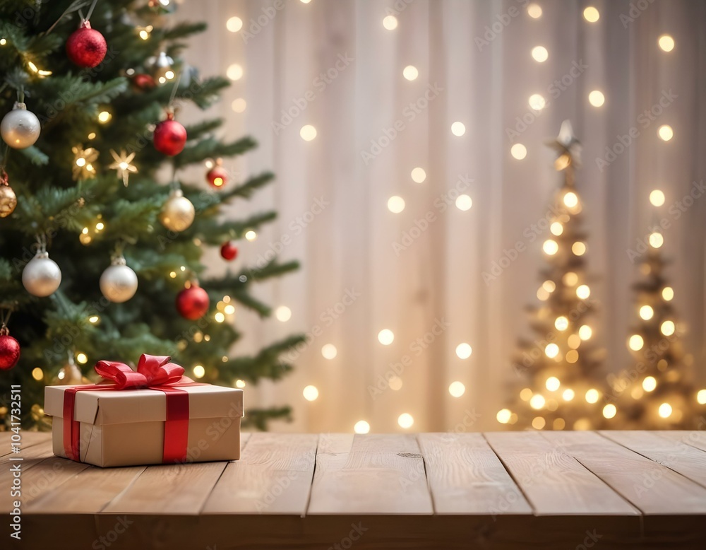A wooden table with a gift box in the foreground, a blurred Christmas tree, and sparkling lights in the background. A wooden table with a gift box in the foreground, a blurred Christmas tree, and sparkling lights in the background.